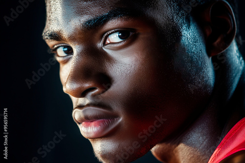 Closeup portrait of a man with intense gaze, smooth skin, and defined features, highlighted by dramatic lighting on a dark background