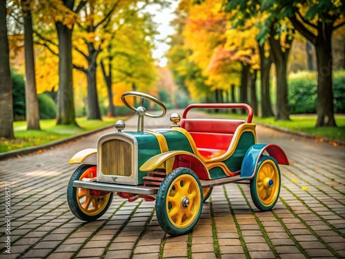 A quaint, miniature pedal car whizzes along a sunny park path, its bright hues and nostalgic design evoking memories of simpler times. photo