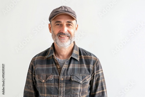 Portrait of smiling mature man standing on white background.