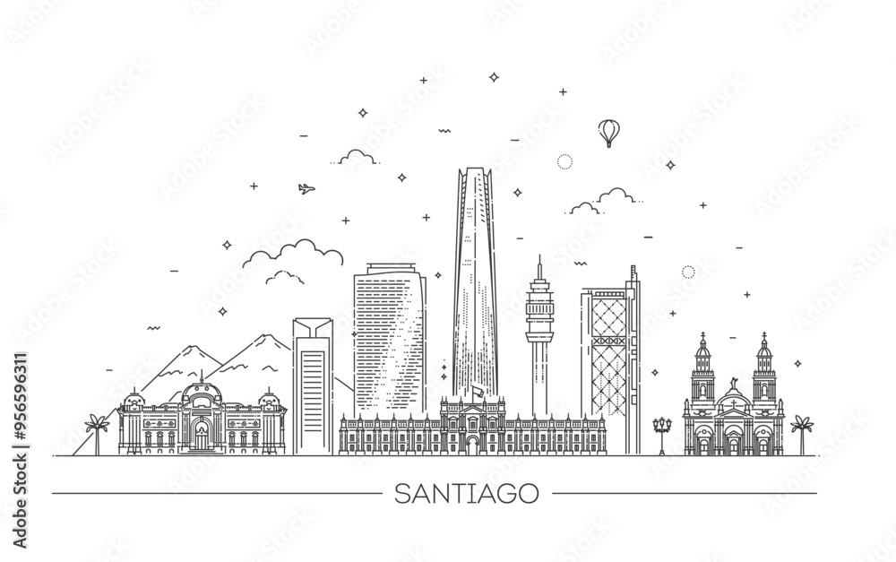 Santiago, Chile architecture line skyline illustration. Santiago, Chile architecture line skyline illustration.