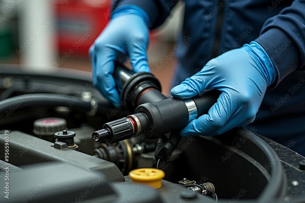 A person wearing blue gloves works on a car, highlighting their automotive skills A person wearing blue gloves works on a car, highlighting their automotive skills