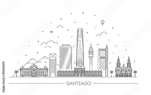 Santiago, Chile architecture line skyline illustration.