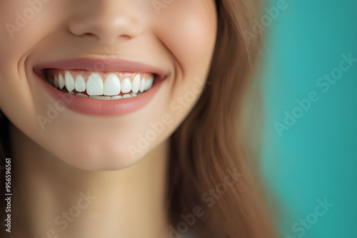 "Radiant Smile with Perfect White Teeth Against Blurred Teal Background"