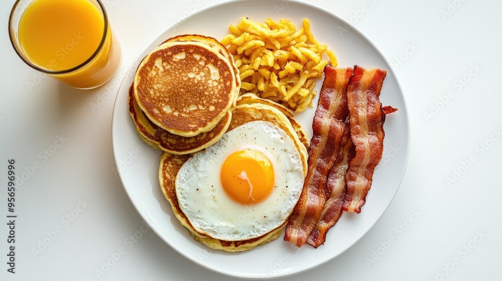 A visually appealing breakfast flat lay with sunny-side-up eggs, crispy bacon, hash browns, fluffy pancakes, and a refreshing glass of orange juice on white A visually appealing breakfast flat lay with sunny-side-up eggs, crispy bacon, hash browns, fluffy pancakes, and a refreshing glass of orange juice on white
