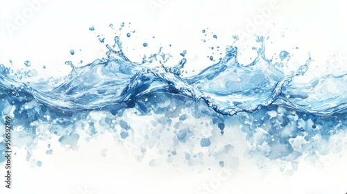 Water Splash Watercolor Painting: Blue Water Droplets and Ripples