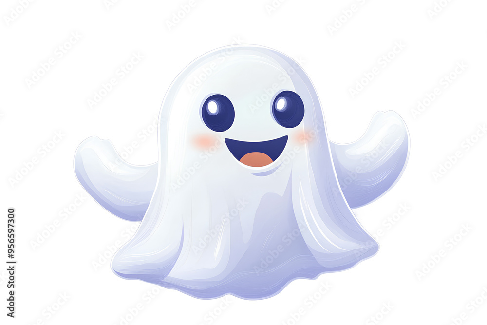 Obraz premium A friendly, cartoonish ghost with big, round eyes and a joyful smile. Its smooth, white body appears soft and playful, glowing with happiness, making it a cute and approachable spirit character