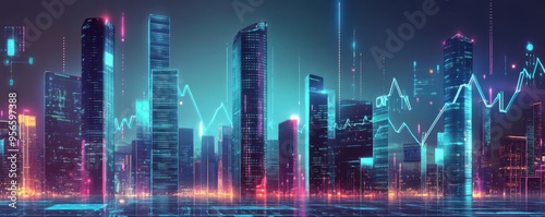 A futuristic city skyline representing the financial growth of a tech startup, with towering skyscrapers shaped like upwardtrending graphs photo