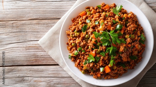 Wallpaper Mural A white bowl filled with a savory mix of minced beef and vegetables, garnished with parsley, placed on a rustic tablecloth, fresh and wholesome meal, top view Torontodigital.ca