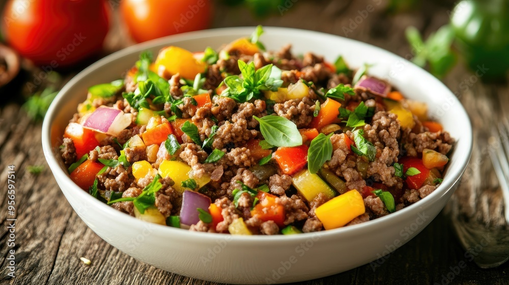 A white bowl filled with savory minced beef and a colorful mix of vegetables, garnished with fresh herbs, on a rustic table, close-up, vibrant and appetizing A white bowl filled with savory minced beef and a colorful mix of vegetables, garnished with fresh herbs, on a rustic table, close-up, vibrant and appetizing