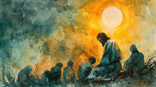 Watercolor jesus teaching disciples at sunset art illustration photo