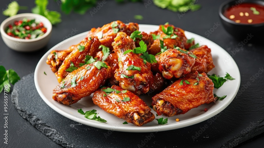 A white plate filled with crispy roasted chicken wings, garnished with green herbs, placed on a black stone background. Delicious and appetizing food shot A white plate filled with crispy roasted chicken wings, garnished with green herbs, placed on a black stone background. Delicious and appetizing food shot
