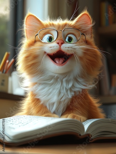 Chat roux heureux avec lunettes lisant un livre ouvert