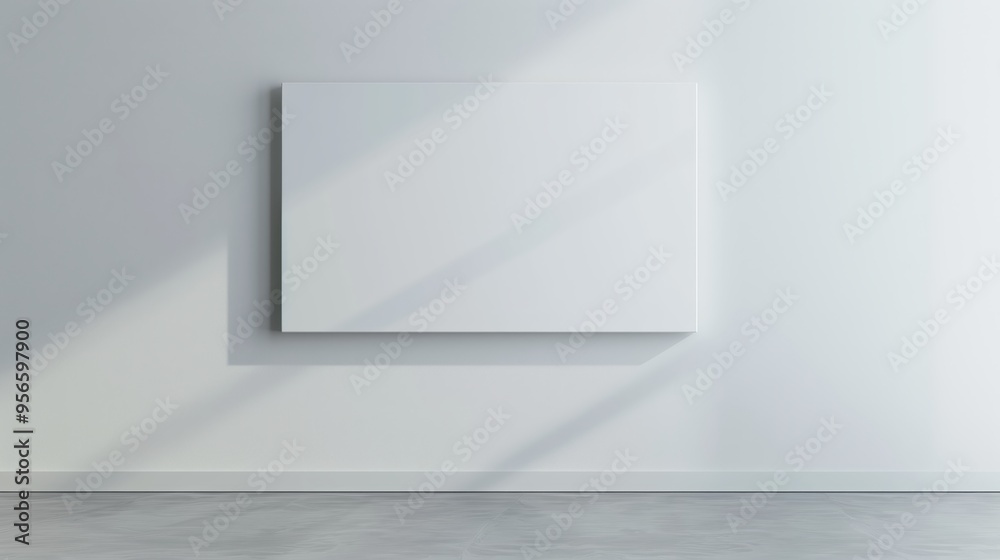 Sunlit empty room with a blank canvas on a white wall casting shadows, perfect for your next project