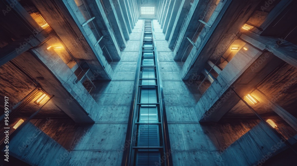 Modern Architecture: Concrete Building Interior with Elevator Shaft Modern Architecture: Concrete Building Interior with Elevator Shaft