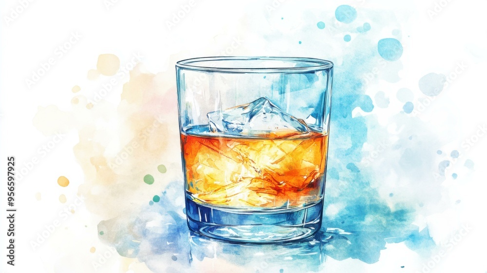 Watercolor Painting of a Glass of Whiskey on Ice Watercolor Painting of a Glass of Whiskey on Ice