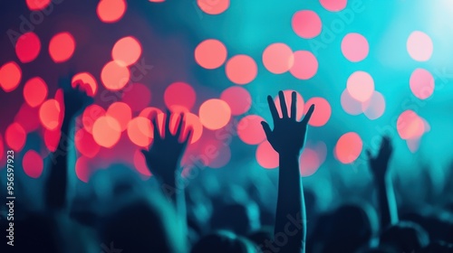 Silhouettes of Hands Reaching Up in a Crowd at a Concert.