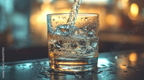 Close-Up of Water Pouring into a Glass with Ice