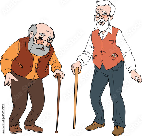 Two old men with walking sticks.