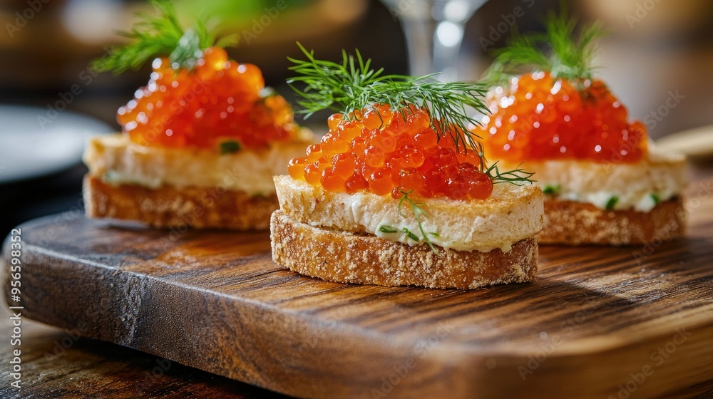 A wooden cutting board with three sandwiches topped with red caviar and garnished with dill, offering a refined fish delicacy for gourmet dining settings A wooden cutting board with three sandwiches topped with red caviar and garnished with dill, offering a refined fish delicacy for gourmet dining settings