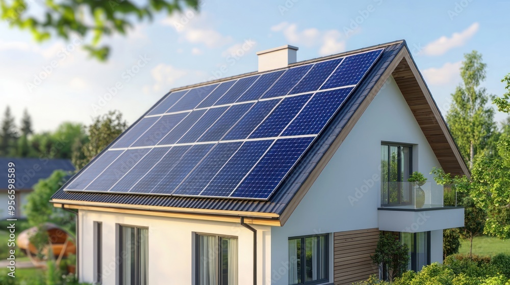 Modern house with solar panels on the roof. Modern house with solar panels on the roof.