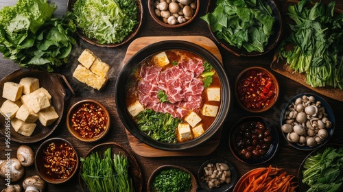 An array of fresh ingredients including thinly sliced beef, tofu, mushrooms, and leafy greens, beautifully arranged around a bubbling Chongqing butter hot pot