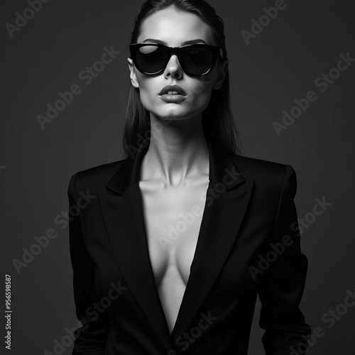 woman in black deep v neck jacket and dark sunglasses