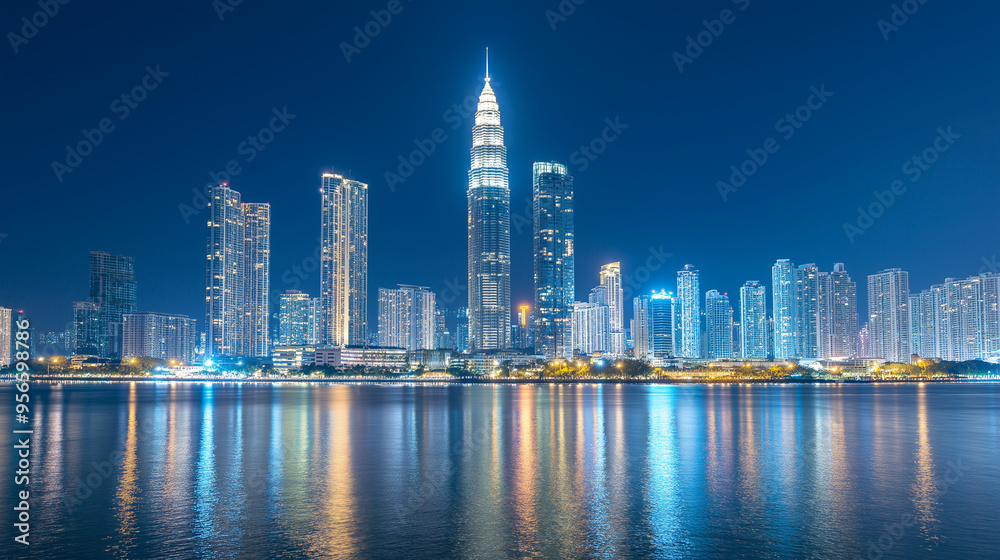 Obraz premium Cityscape with skyscrapers and colorful lights reflecting on the water at night