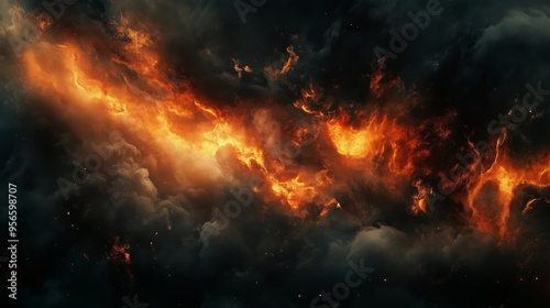 Dramatic Display of Flames and Clouds in a Fiery Sky