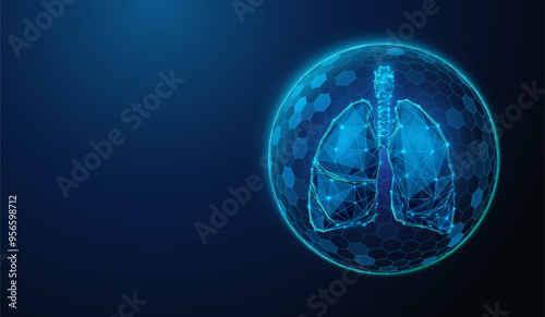 Abstract illustration of protected human lungs in low poly style. Blue geometric background depicting healthcare medical concept by wireframe connection structure