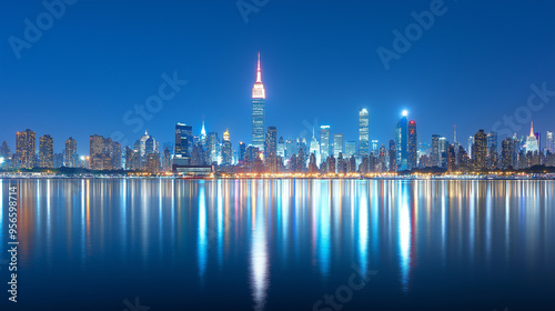 Cityscape with skyscrapers and colorful lights reflecting on the water at night