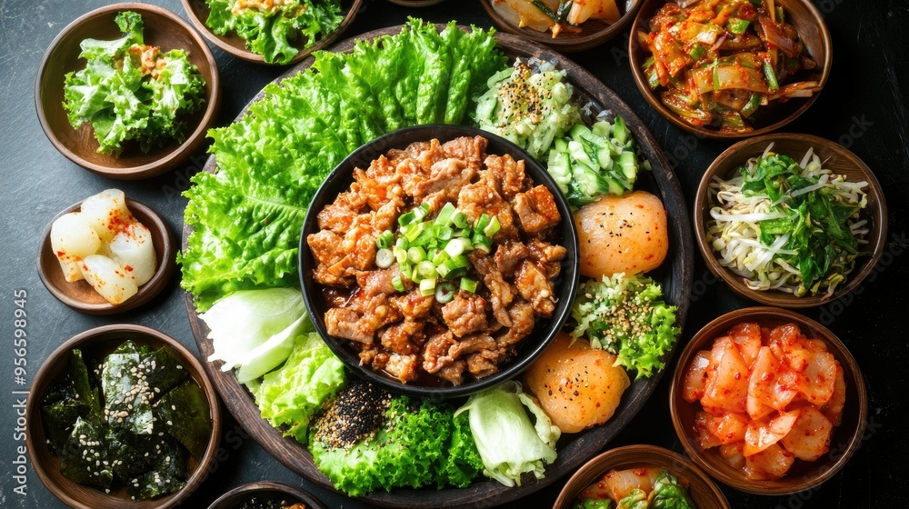 An assortment of Korean side dishes arranged around a central plate of braised pork, with a bowl of slush and fresh lettuce, creating a colorful and appetizing meal An assortment of Korean side dishes arranged around a central plate of braised pork, with a bowl of slush and fresh lettuce, creating a colorful and appetizing meal