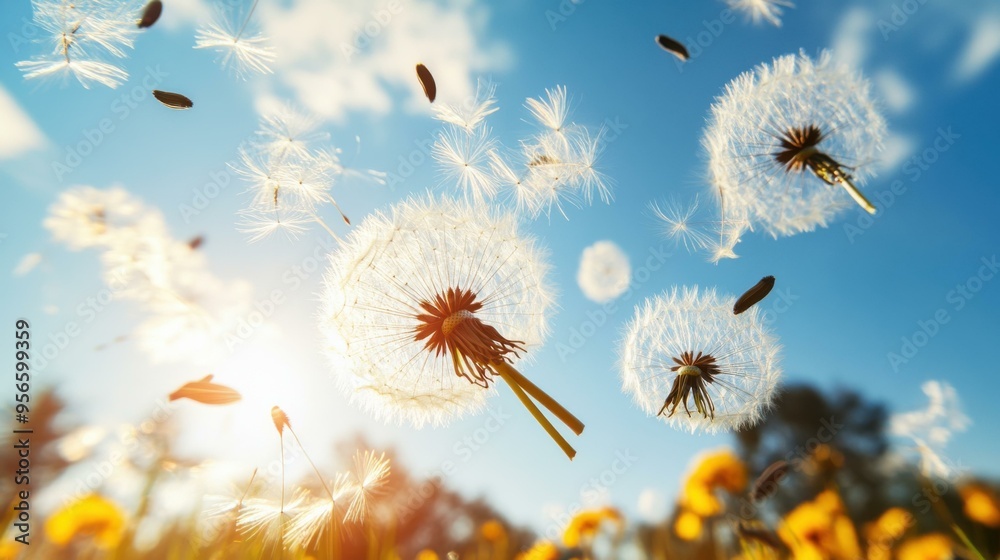 Obraz premium Dandelion Seeds Blowing in the Wind - Nature Photography