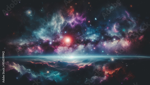 A colorful galaxy with a bright red star in the center