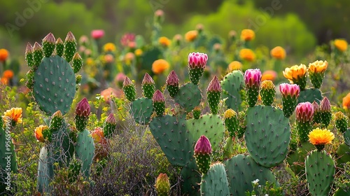 Cereus Grandiflorus and Opuntia cacti growing together in a field, with the Cereusaes tall, columnar structure and the Opuntiaaes flat pads and colorful fruits