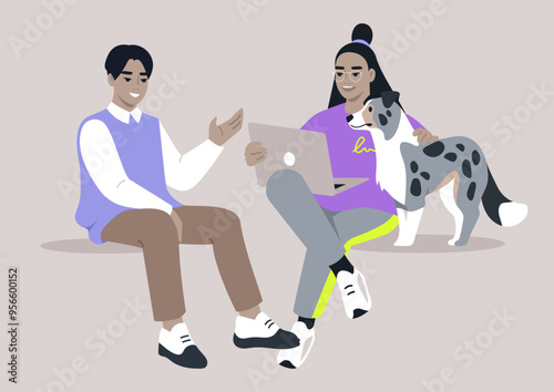 Students engaging in lively conversation while seated with a friendly dog, enjoying a relaxed afternoon in a cozy study space
