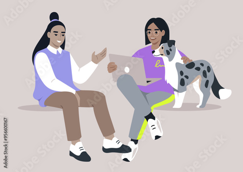 Students engaging in lively conversation while seated with a friendly dog, enjoying a relaxed afternoon in a cozy study space