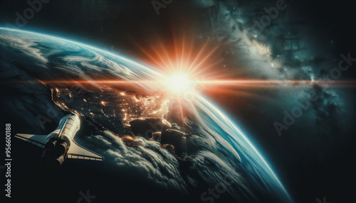 A space shuttle is flying through the sky above the Earth