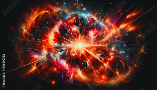 A colorful explosion in space with a red and blue center