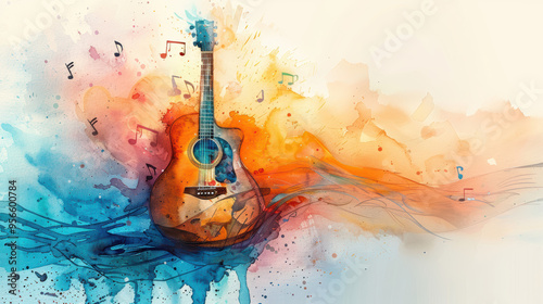 Vibrant acoustic guitar in watercolor splash with musical notes  music and art fusion