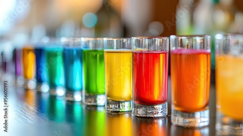 Close-up of colorful cocktail shooters lined up on a wedding reception table, each glass filled with different vibrant beverages, with soft focus on the background