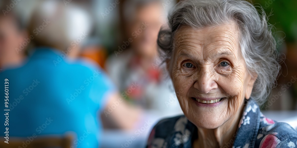 Fototapeta premium An elderly woman with gray hair and twinkling eyes smiles warmly, portraying wisdom, joy, and a lifetime of experiences, set against a background with people chatting.