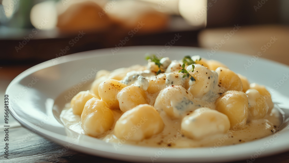A serving of gnocchi with Gorgonzola sauce. A serving of gnocchi with Gorgonzola sauce.