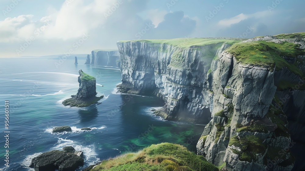 A breathtaking view of a rugged coastline with towering cliffs and a small boat in the distance. A breathtaking view of a rugged coastline with towering cliffs and a small boat in the distance.