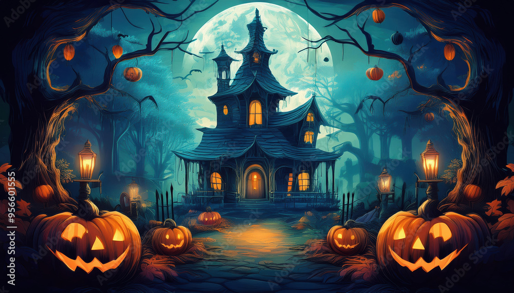A Halloween scene with a large house and a moon in the background. There are many pumpkins scattered around the area, some of which have scary faces. Scene is spooky and scary A Halloween scene with a large house and a moon in the background. There are many pumpkins scattered around the area, some of which have scary faces. Scene is spooky and scary