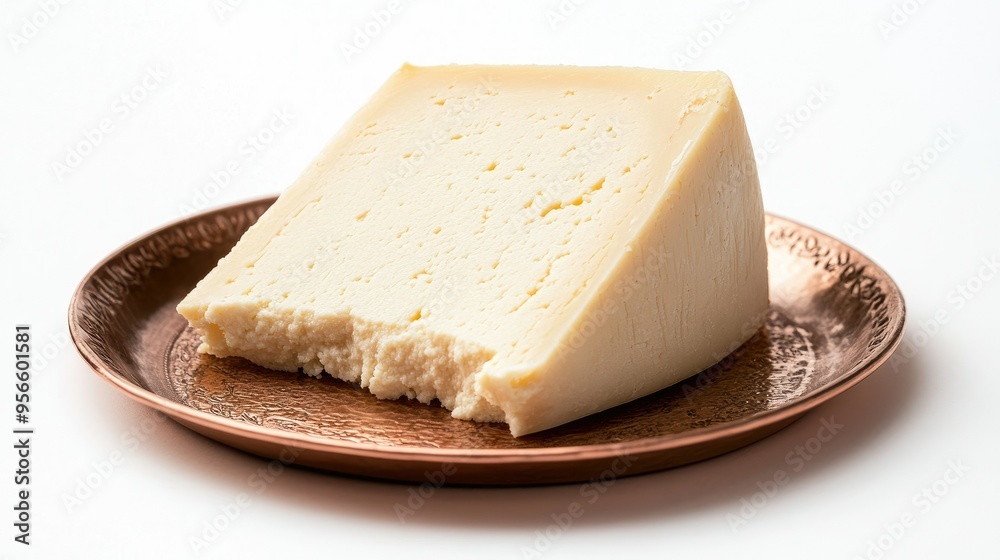 Close-up shot of a large wedge of kashkaval cheese on a copper plate, with delicate cracks and textures visible, isolated on a white background for clarity Close-up shot of a large wedge of kashkaval cheese on a copper plate, with delicate cracks and textures visible, isolated on a white background for clarity