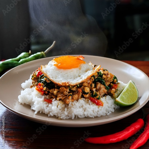 Pad Kra Pao with Fried Egg - Popular Thai Dish photo