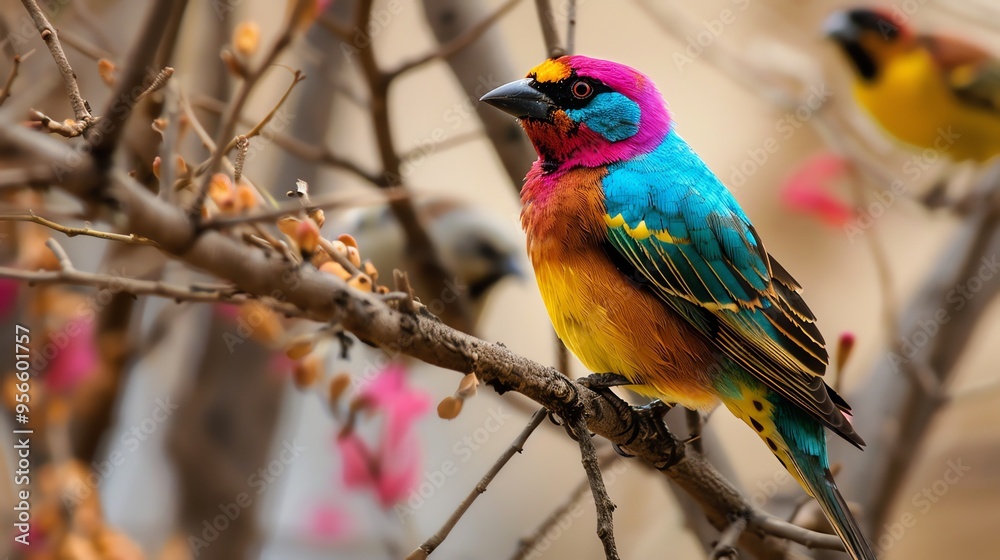 A colorful bird perches on a branch. A colorful bird perches on a branch.