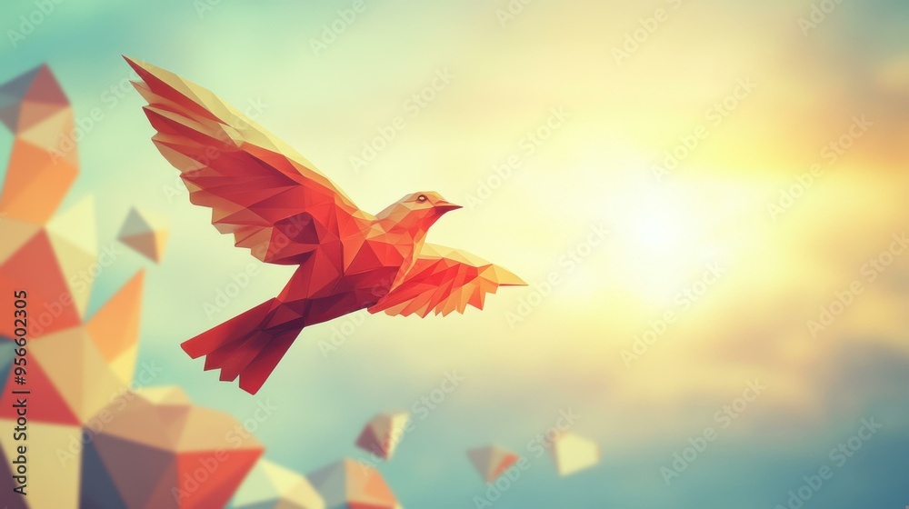 Fototapeta premium Low Poly Bird Flying Towards Sunset - Geometric Art