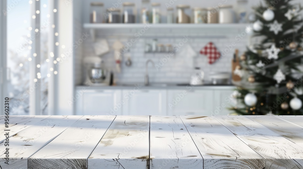 White wooden tabletop with christmas kitchen background, ideal for showcasing products White wooden tabletop with christmas kitchen background, ideal for showcasing products