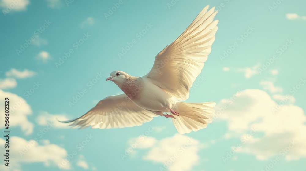 White Dove Soaring Through Blue Sky - Symbol of Peace and Freedom White Dove Soaring Through Blue Sky - Symbol of Peace and Freedom